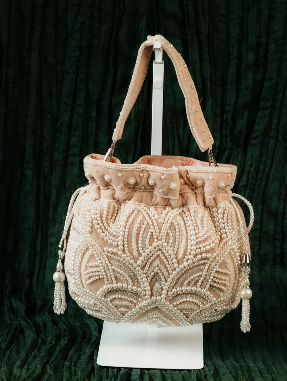 Pearl-Embellished Blush Drawstring Shoulder  Bag In 4 Colors. $80 Each.